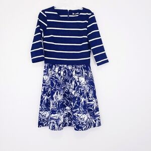Navy Blue White Stripe Floral Print Fit & Flare Dress Size 12 Work Career